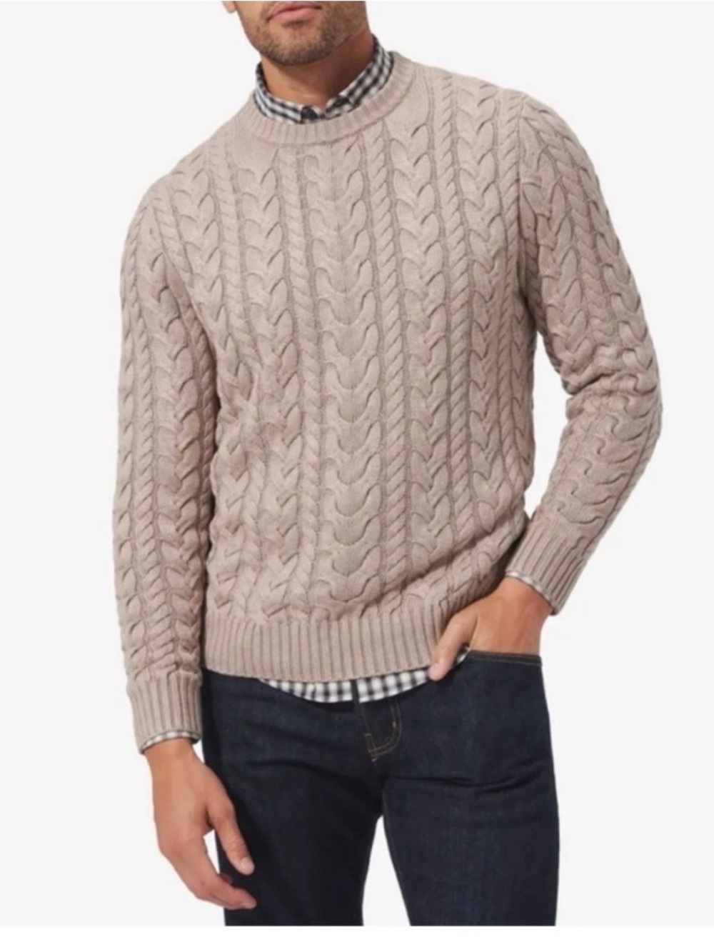 Mizzen+Main Redford Cable Knit Pullover Crewneck Sweater Beige Mens medium